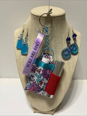 Gift Set Double Lip Balm Keychain You Are Kind' wristlet Teal Red 2 pr Earrings